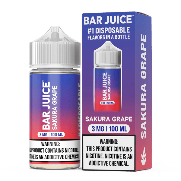 Sakura Grape Bar Juice e-liquid bottle, 100mL, with purple grape and sakura flower illustrations on label.