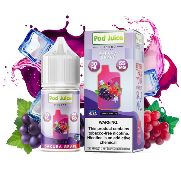 Sakura Grape ICE Pod Juice e-liquid in 30ml bottle with purple grape and cooling menthol flavor, designed for vaping.