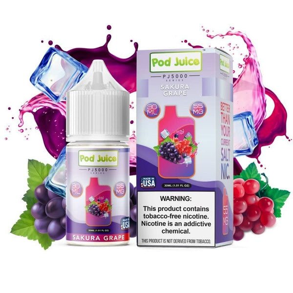 Sakura Grape Pod Juice SALT e-liquid bottle, 30mL, with vibrant grape and sakura flower design for vaping.