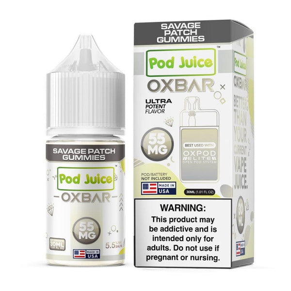 Savage Patch Gummies Salt e-liquid by Pod Juice, 30ml bottle featuring colorful gummy bear design and vape flavor branding.