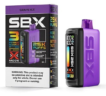 SBX 25k Puff Metatine Disposable Vape showing sleek design with mouthpiece and branding on a white background.