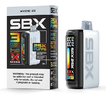 SBX 25k Puff Metatine disposable vape device with sleek design and compact size, featuring colorful branding and mouthpiece.