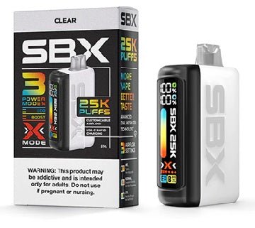 SBX 25k Puff Metatine disposable vape pen with sleek design, showing the compact device with branding and mouthpiece.