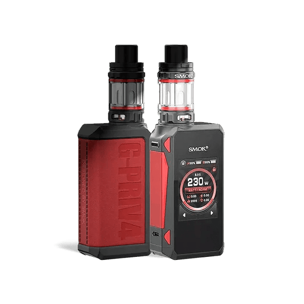 SMOK G-Priv 4 230W Starter Kit with mod, display screen, and tank, showcasing sleek black hardware and adjustable settings.