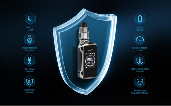 SMOK G-Priv 4 230W starter kit with sleek mod and display screen, featuring vape hardware and accessories.