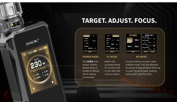 SMOK G-Priv 4 230W starter kit with sleek mod and colorful display screen, designed for vaping enthusiasts.