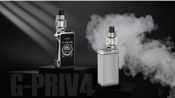 SMOK G-Priv 4 230W starter kit featuring a sleek black mod and matching tank with digital display and control buttons.