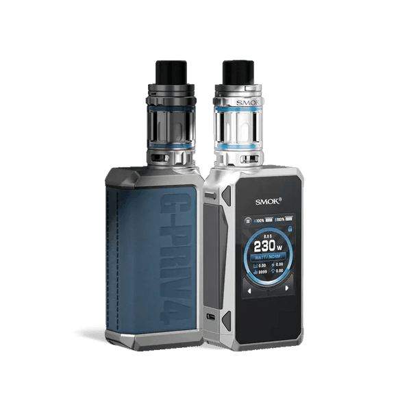 SMOK G-Priv 4 230W starter kit with sleek black mod, colorful display screen, and matching tank for vaping enthusiasts.