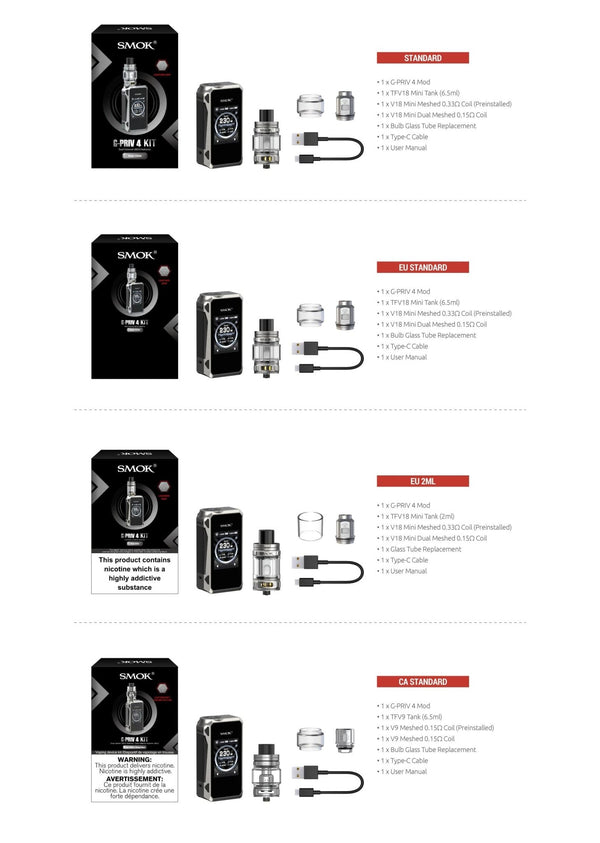 SMOK G-Priv 4 230W starter kit with sleek mod and colorful display screen, featuring fire button and adjustable settings.