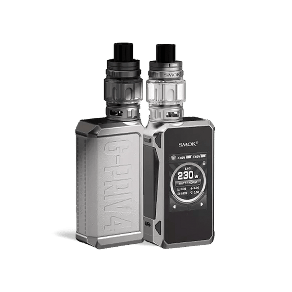 SMOK G-Priv 4 230W Starter Kit with digital display, sleek black mod, and matching vape tank on a white background.