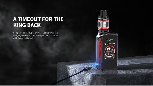 SMOK G-Priv 4 230W starter kit with mod, display screen, and included accessories for vaping.