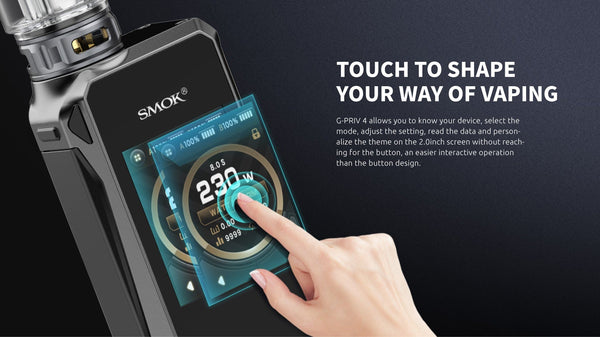 SMOK G-Priv 4 230W Starter Kit with sleek mod and OLED screen, includes tank, battery compartment, and control buttons.