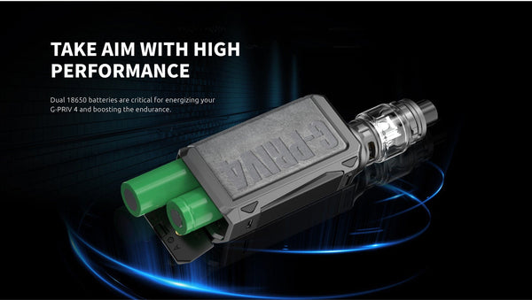 SMOK G-Priv 4 230W Starter Kit with sleek mod and colorful display, showcasing the hardware design and included accessories.