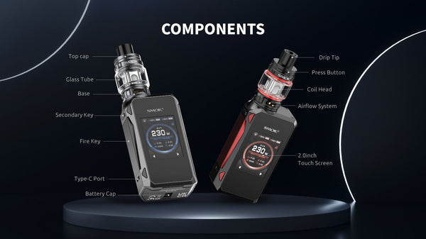 SMOK G-Priv 4 230W starter kit with mod and tank, featuring a digital display and adjustable airflow.