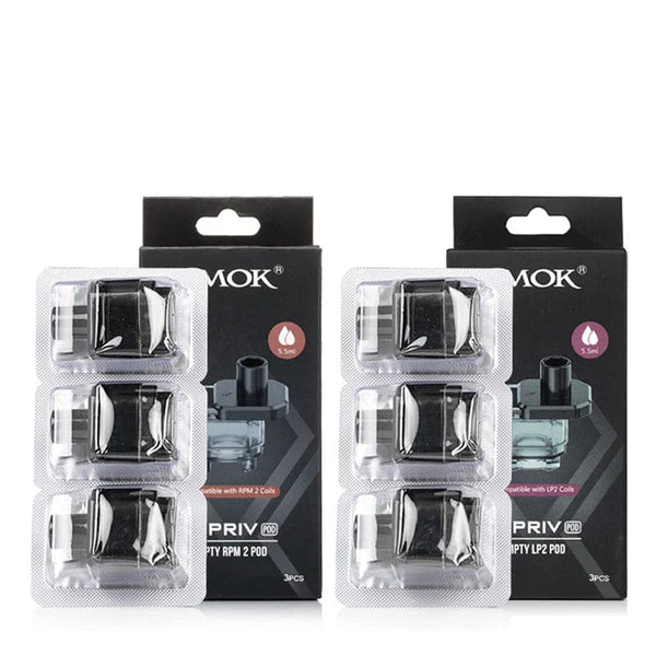 SMOK G-Priv replacement pods for vape device, with clear e-liquid windows and mouthpiece, designed for easy refilling and use.