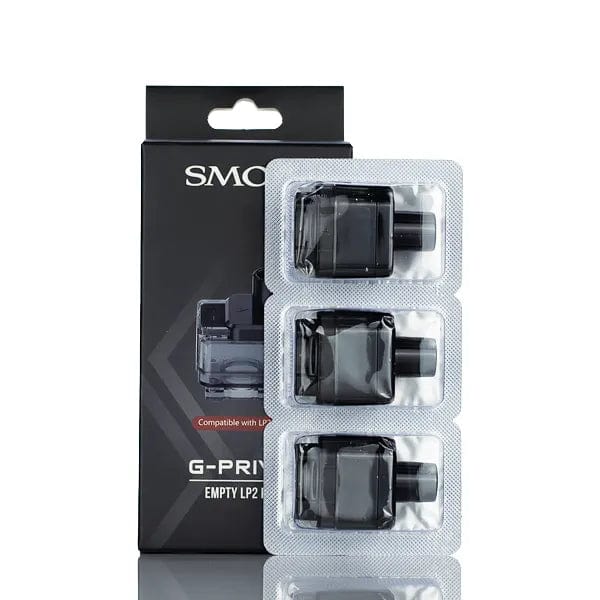 SMOK G-Priv replacement pods for vaping device, shown in black and transparent with visible e-liquid openings.