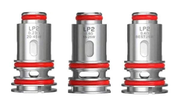 SMOK LP2 replacement coils for vape devices, showing multiple coil heads with cotton wicks and metal casings.
