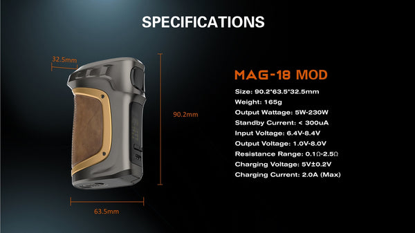 SMOK Mag-18 230W starter kit with mod and tank, black and silver hardware for vaping, featuring ergonomic design and digital display.