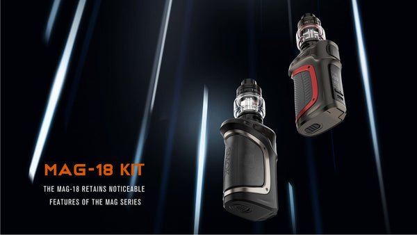 SMOK Mag-18 230W starter kit with sleek black mod, large display screen, and matching tank for vaping enthusiasts.