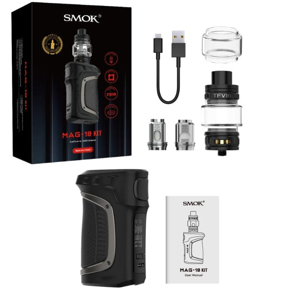 SMOK Mag-18 230W starter kit with mod and tank, featuring a sleek black design and ergonomic grip.