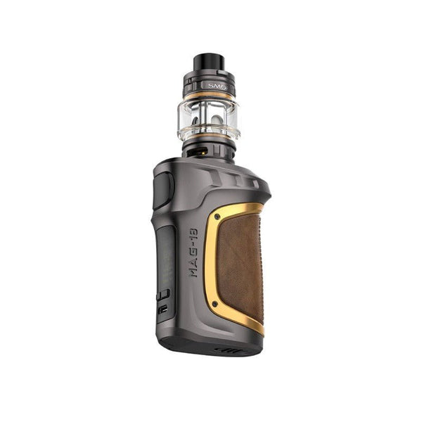 SMOK Mag-18 230W starter kit with black and gray hardware, featuring a compact design and adjustable wattage display.