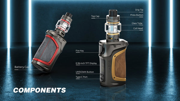 SMOK Mag-18 230W starter kit hardware with ergonomic design, display screen, and included accessories for vaping.