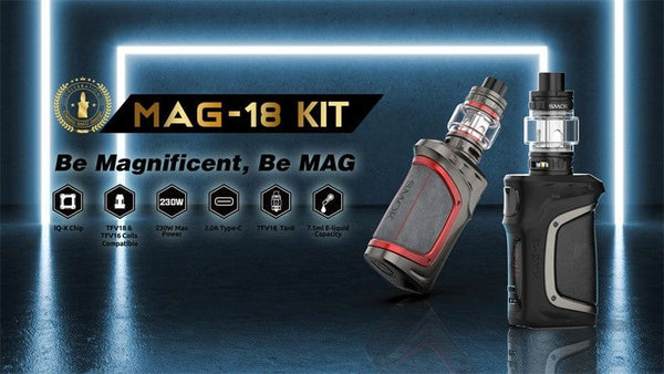 SMOK Mag-18 230W starter kit displaying the compact mod and tank with ergonomic design and textured grip in black and silver.