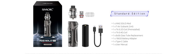 SMOK MAG Solo Starter Kit hardware with sleek black mod, colorful accents, and included accessories for vaping.
