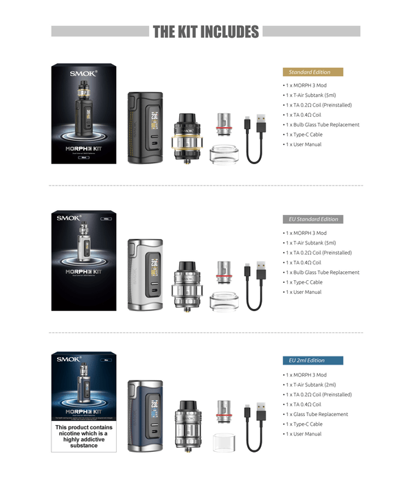 SMOK Morph 3 Starter Kit hardware with sleek design, display screen, and included accessories for vaping.