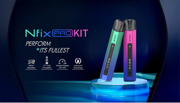 SMOK Nfix Pro 25W pod system device with sleek design and integrated mouthpiece, featuring adjustable airflow and compact hardware.