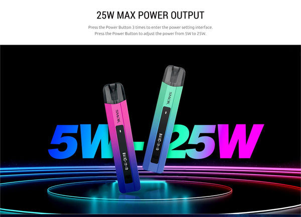 SMOK Nfix Pro 25W pod system with sleek design and compact hardware, featuring a rechargeable battery and adjustable airflow.