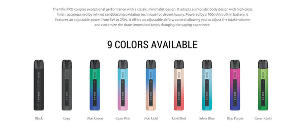 SMOK Nfix Pro 25W pod system vape device with sleek black design and adjustable airflow, compact and portable vaping hardware.