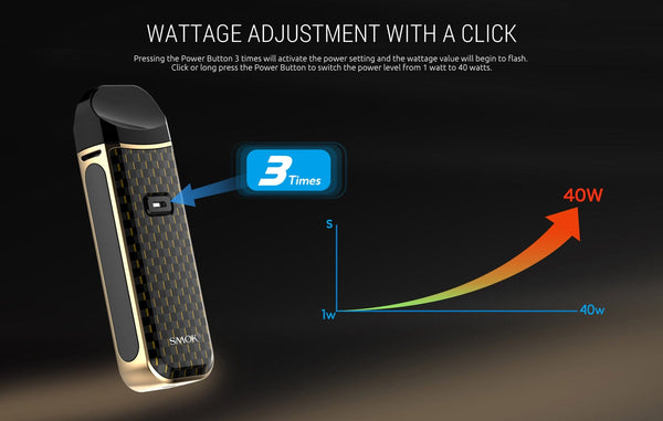 SMOK NORD 2 40W pod system vape device with sleek design and adjustable wattage, featuring a compact hardware setup.