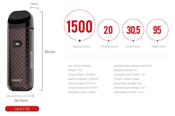 SMOK NORD 2 40W pod system hardware with sleek design, compact size, and integrated mouthpiece for vaping.