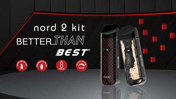 SMOK NORD 2 40W pod system vape device with sleek design and airflow control, featuring a compact hardware setup for vaping.