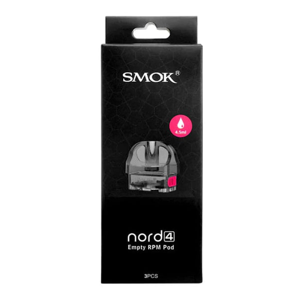 SMOK Nord 4 replacement vape pods showing transparent plastic with mouthpiece and filling port for e-cigarette device.