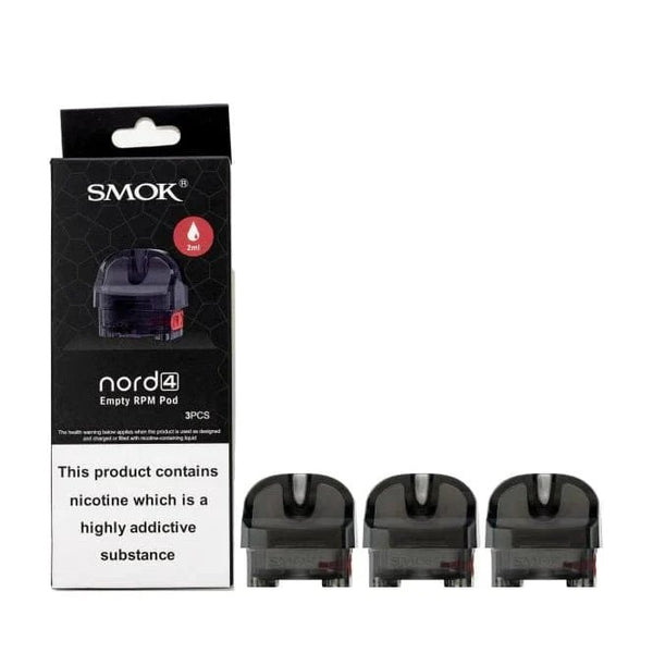 SMOK Nord 4 replacement vape pods for SMOK Nord 4 device, showing clear plastic cartridge with mouthpiece and coil section