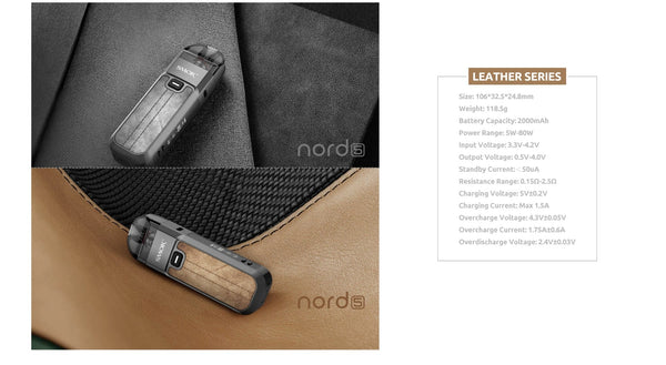 SMOK Nord 5 80W pod system vape device with sleek design and adjustable wattage, featuring a compact hardware setup.