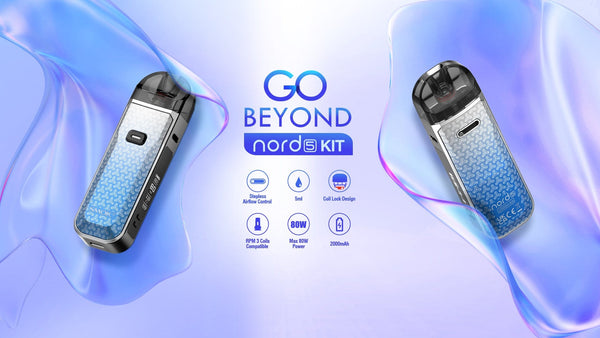 SMOK Nord 5 80W pod system vape device with sleek design and adjustable wattage, showcasing its compact hardware form.