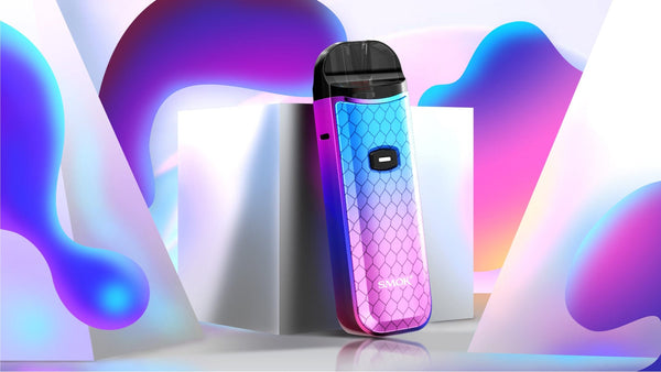 SMOK NORD 50W Pod Kit hardware with sleek design, showing the compact device with replaceable pod and adjustable wattage controls.