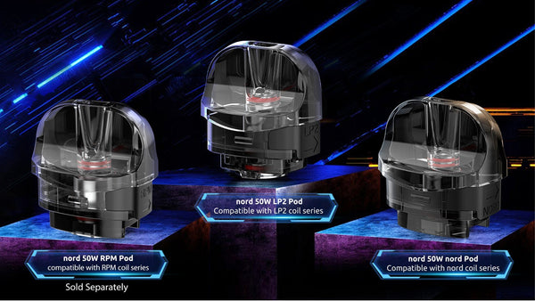 SMOK NORD 50W Pod Kit hardware with sleek design, showing the compact device with mouthpiece and adjustable settings.