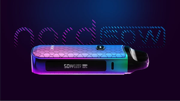 SMOK NORD 50W Pod Kit showing sleek black hardware with pod and mouthpiece attached, designed for vaping.