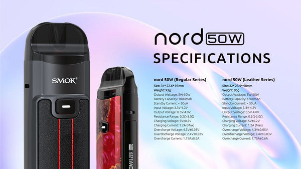 SMOK NORD 50W Pod Kit hardware shown with sleek design, compact size, and replaceable pod system for vaping.