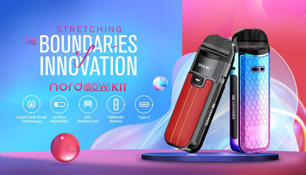 SMOK NORD 50W Pod Kit showing compact vape device with pod cartridge and adjustable wattage display.