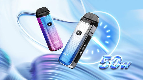 SMOK NORD 50W Pod Kit showing the compact device with a sleek design and refillable pod system for vaping.