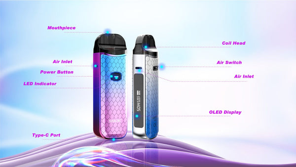 SMOK NORD 50W Pod Kit showing the compact device with replaceable pod and adjustable wattage controls.