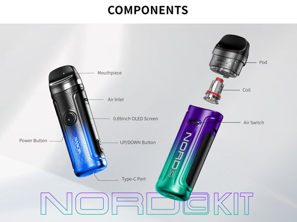 SMOK NORD C 50W pod kit showing the compact device with a mouthpiece and pod, designed for vaping with adjustable wattage.