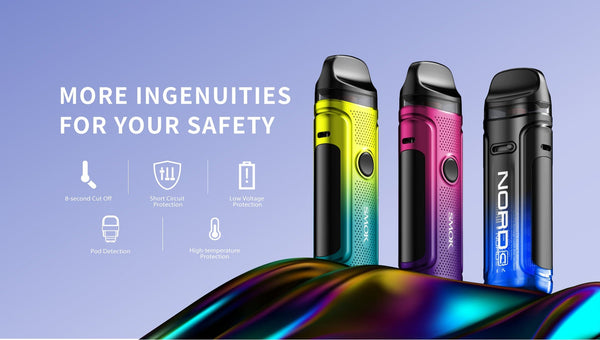SMOK NORD C 50W Pod Kit showing compact black device with adjustable airflow and refillable pod system for vaping.