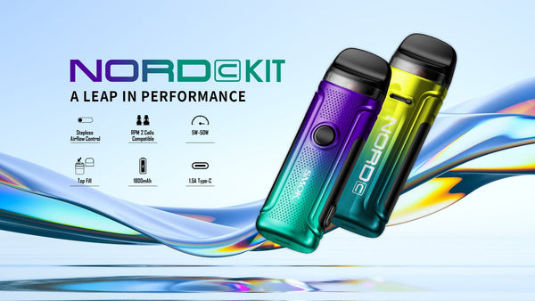 SMOK NORD C 50W Pod Kit showing sleek black hardware with detachable pod and compact design.
