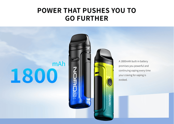 SMOK NORD C 50W Pod Kit showing a sleek black portable vape device with a removable pod and digital display screen.